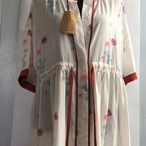 Cream Floral Button-Front Boho Dress w Rust Linen Trim adjustable waist L or XL